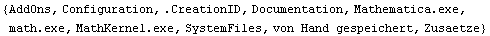 {AddOns, Configuration, .CreationID, Documentation, Mathematica.exe, math.exe, MathKernel.exe, SystemFiles, von Hand gespeichert, Zusaetze}